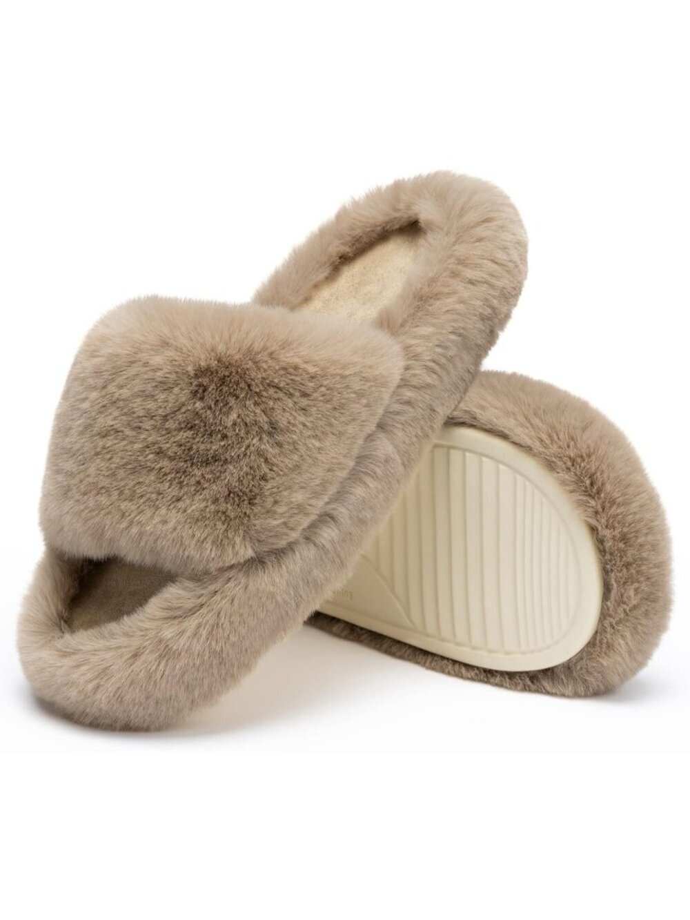 Women's Light Brown Breathable Foam Faux Fur Lined Open Toe Soft Slipper Shoes